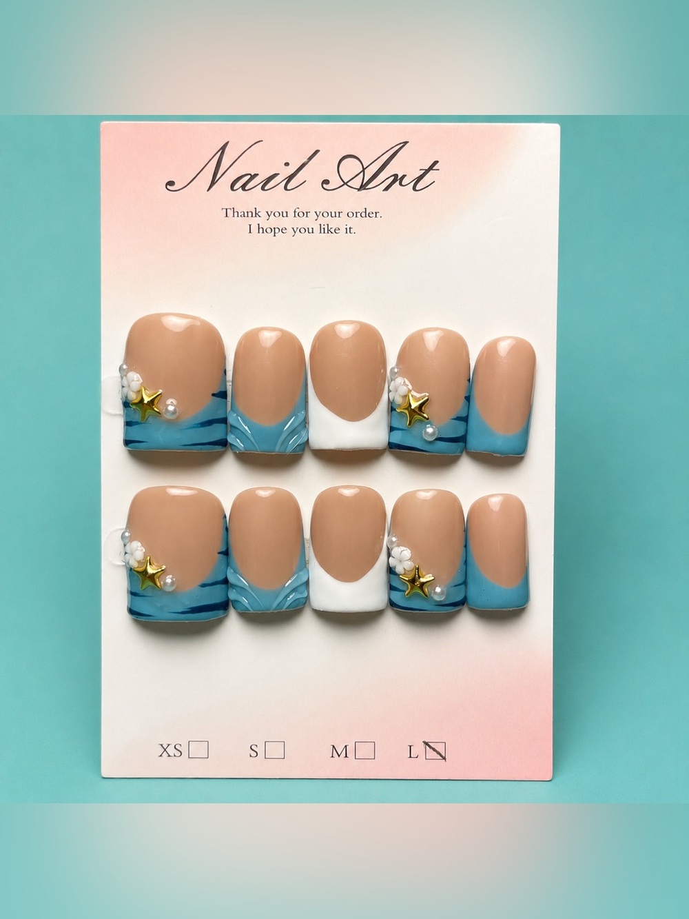 NEW Blue Beach French Tips Baby Duck Press-On Nails | Starfish & Florals | Large